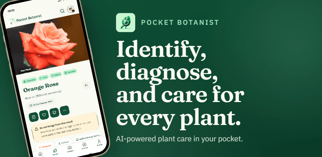 Pocket Botanist Play Store feature graphic showing the app identifying, diagnosing, and caring for plants